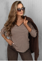 Bluzka longsleeve z dekoltem w paski Lovely Autumn beżowo-czekoladowa
