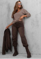 Bluzka longsleeve z dekoltem w paski Lovely Autumn beżowo-czekoladowa