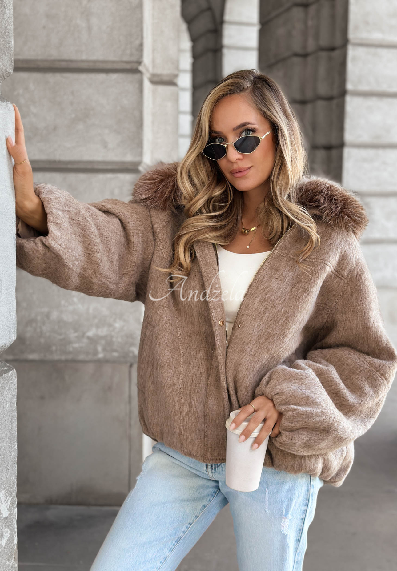 Cozy Story Short Bomber Jacket with Wool and Fur, Mocha