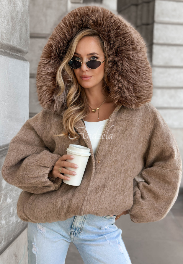 Cozy Story Short Bomber Jacket with Wool and Fur, Mocha