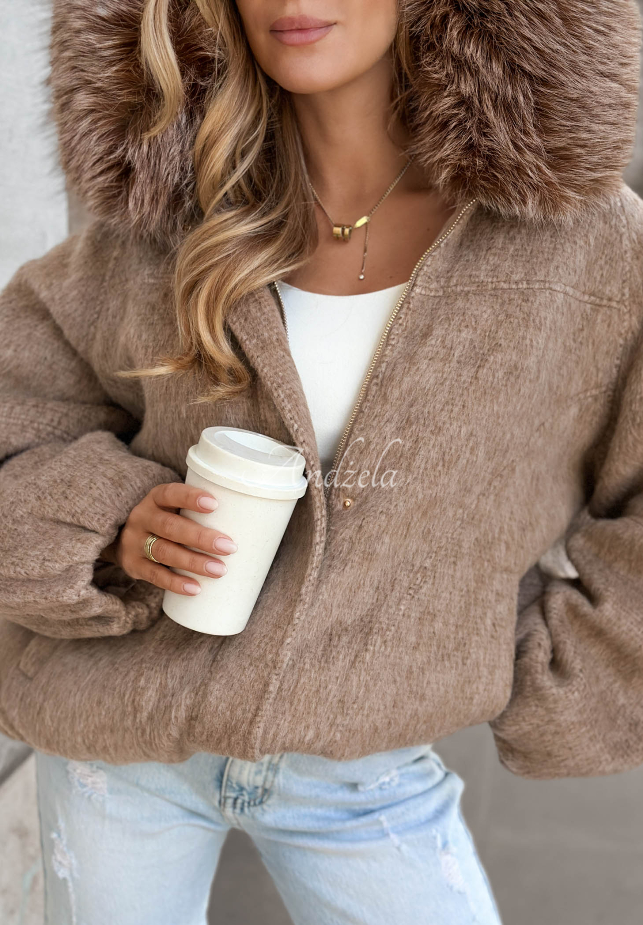 Cozy Story Short Bomber Jacket with Wool and Fur, Mocha