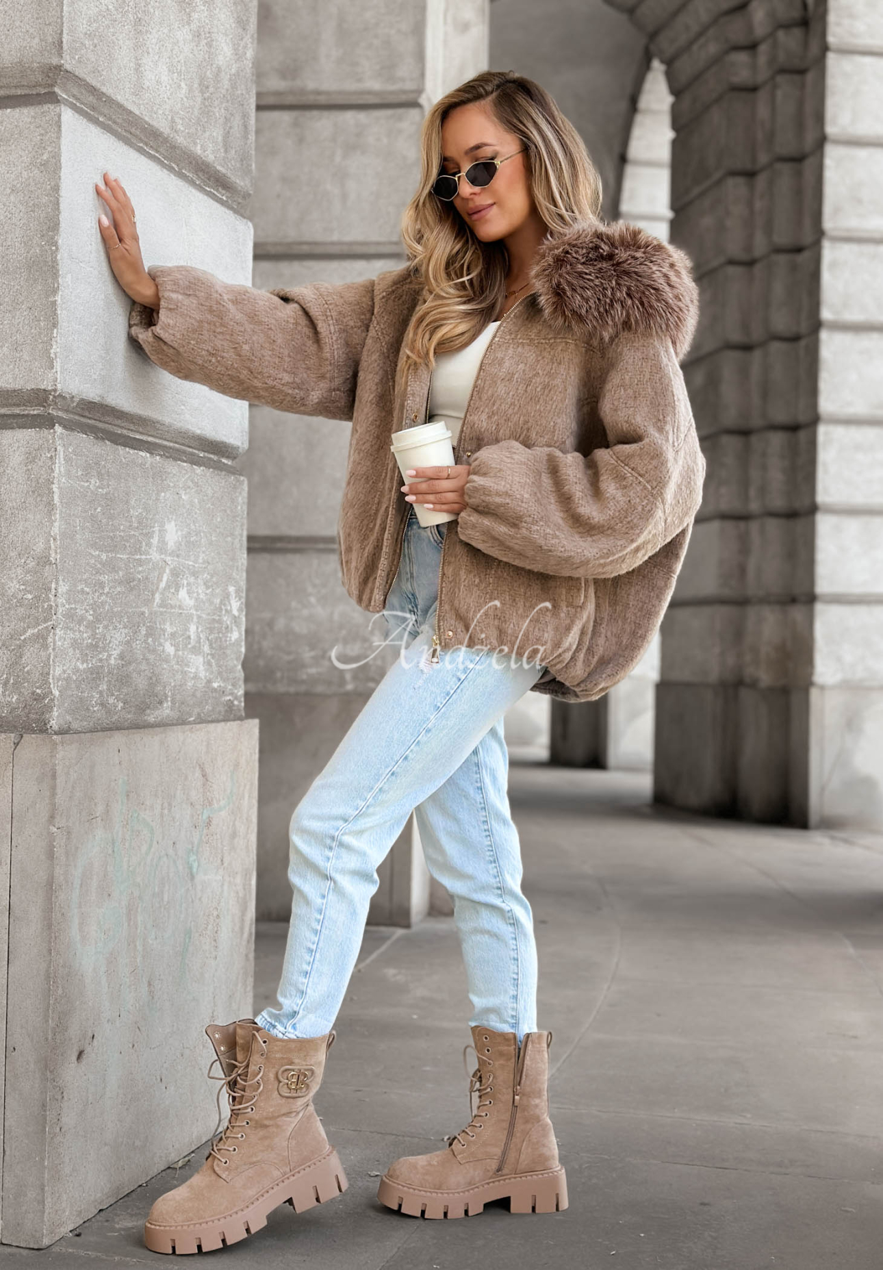 Cozy Story Short Bomber Jacket with Wool and Fur, Mocha
