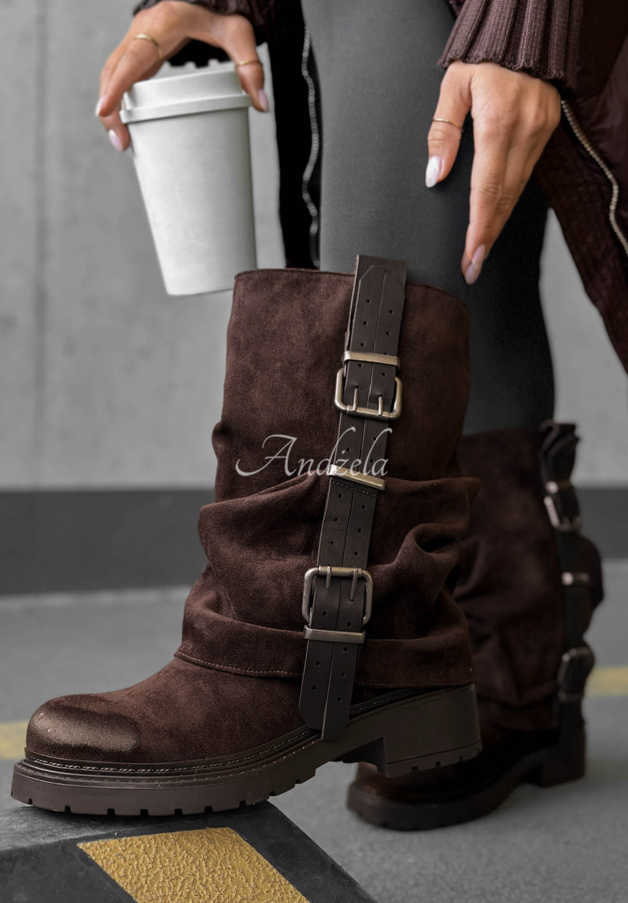 Modern Way Chocolate-Brown Suede Biker Ankle Boots with Buckles