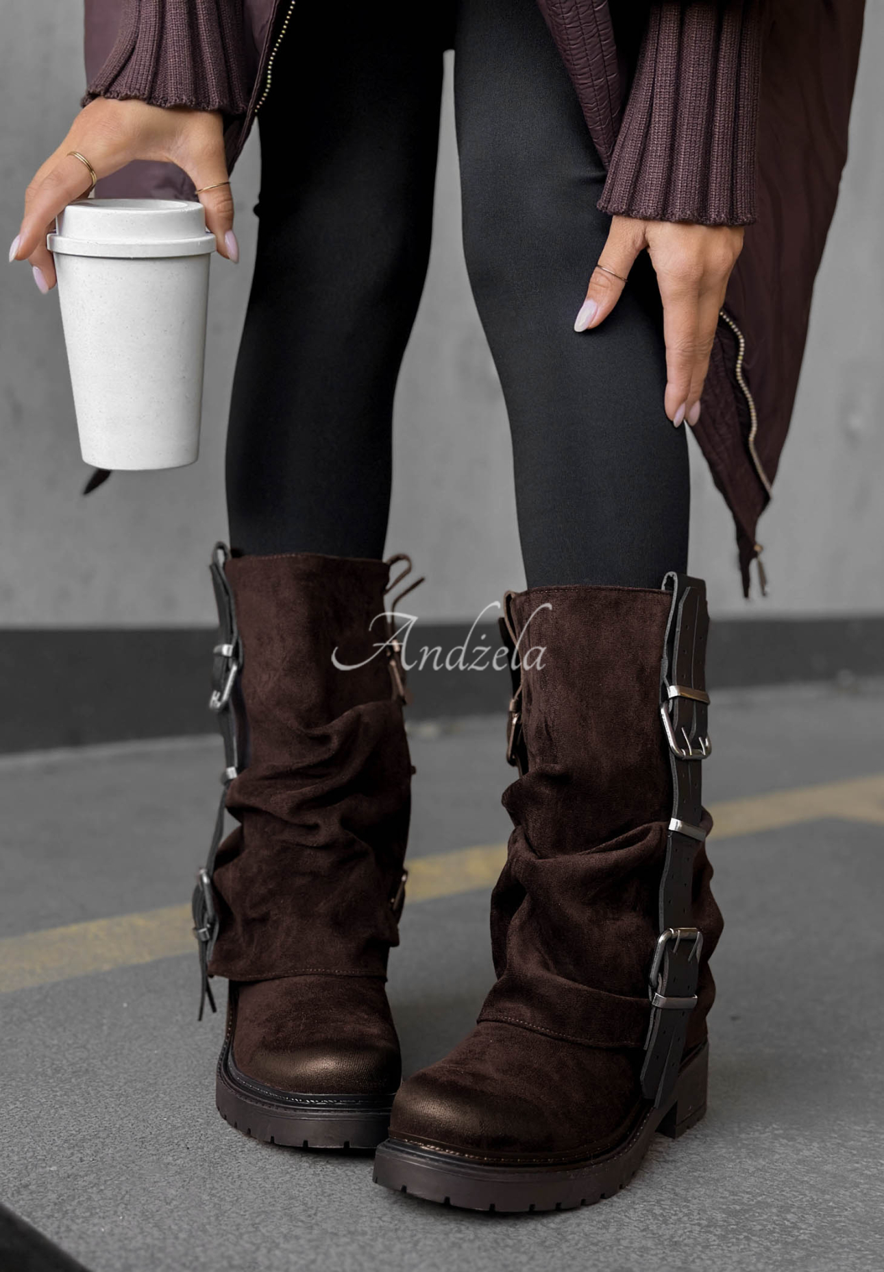 Modern Way Chocolate-Brown Suede Biker Ankle Boots with Buckles