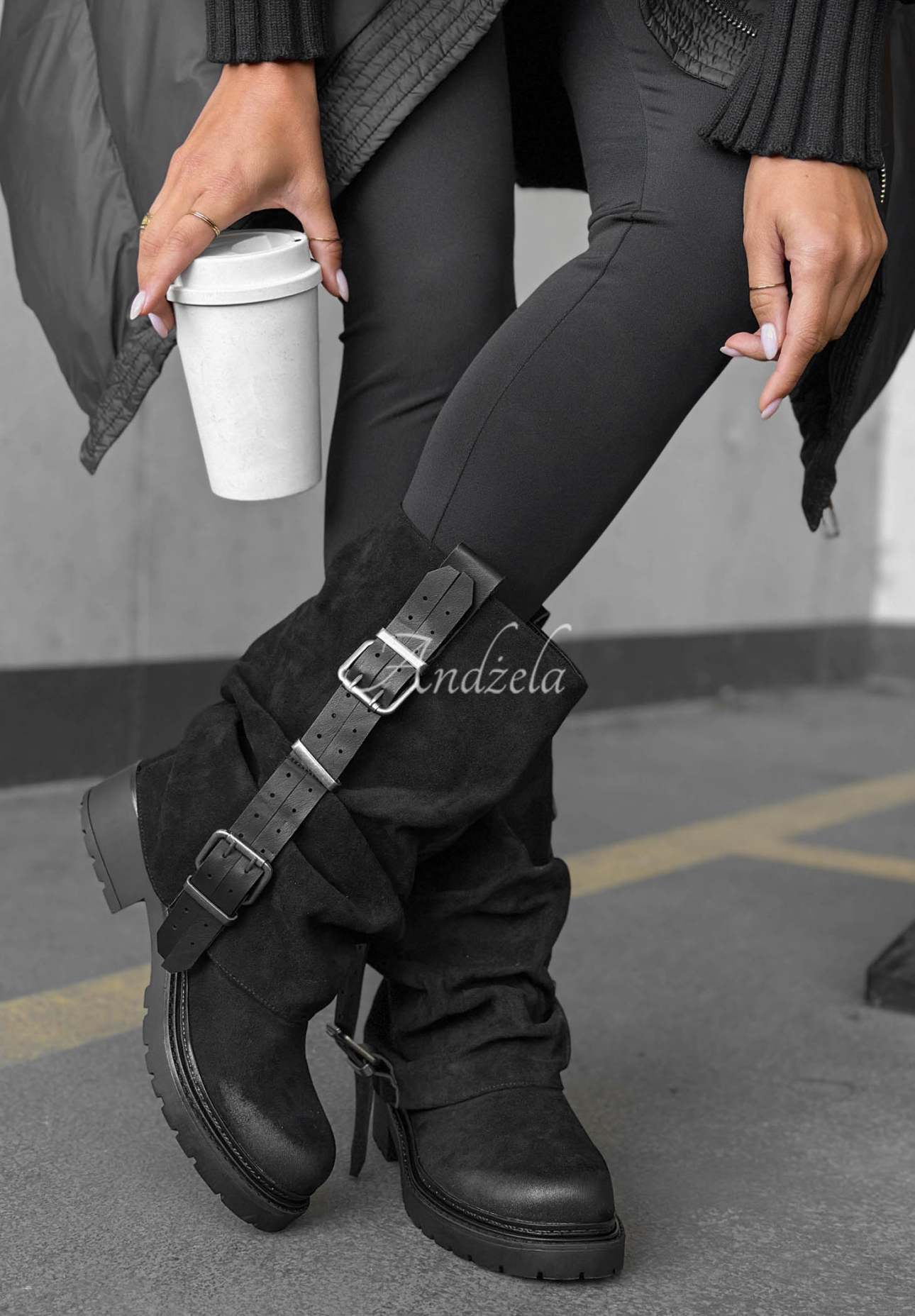 Modern Way Black Suede Biker Ankle Boots with Buckles