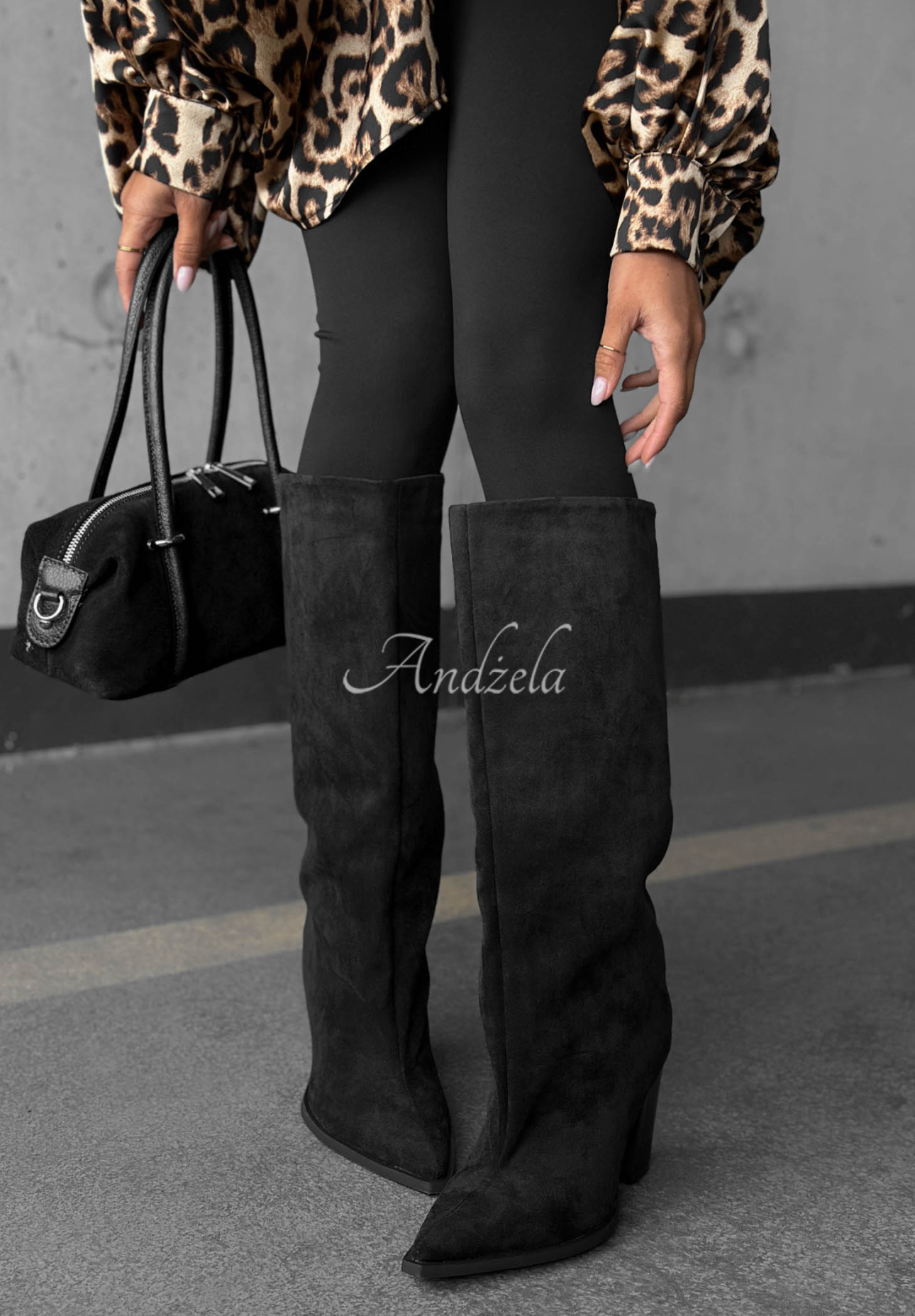 Fall Style Black Long Suede Knee-High Boots with a Heel