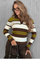 Prążkowana bluzka z kołnierzykiem w paski Cozy Moments khaki