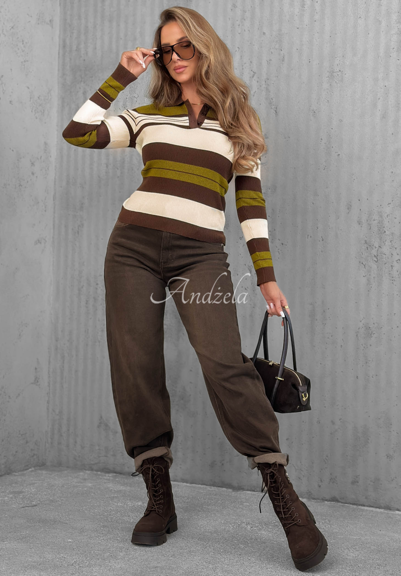 Prążkowana bluzka longsleeve z kołnierzykiem w paski Cozy Moments khaki