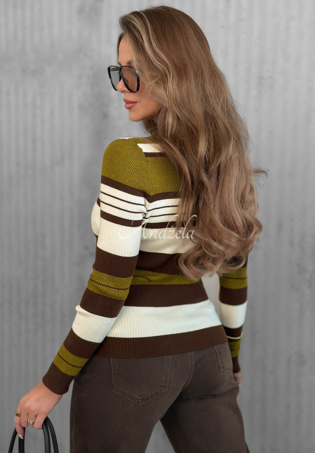 Cozy Moments khaki striped long-sleeve blouse with a striped collar