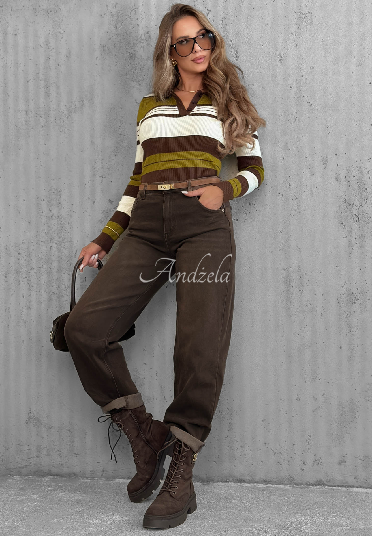 Prążkowana bluzka longsleeve z kołnierzykiem w paski Cozy Moments khaki