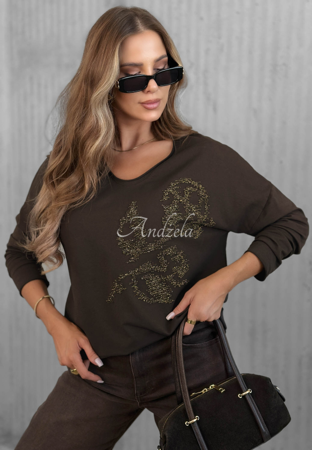 Chocolate-colored cotton long-sleeve blouse with Golden Rossa appliqu&eacute;