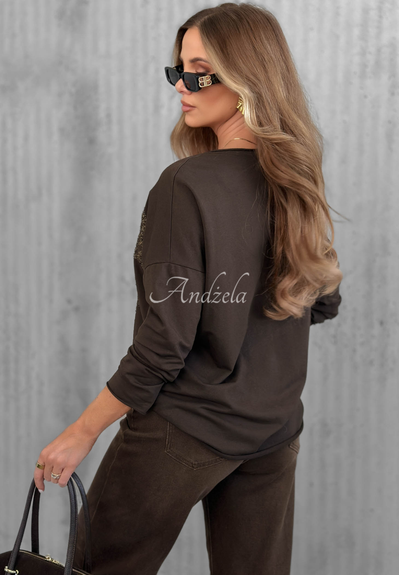 Bawełniana bluzka longsleeve z aplikacją Golden Rossa czekoladowa