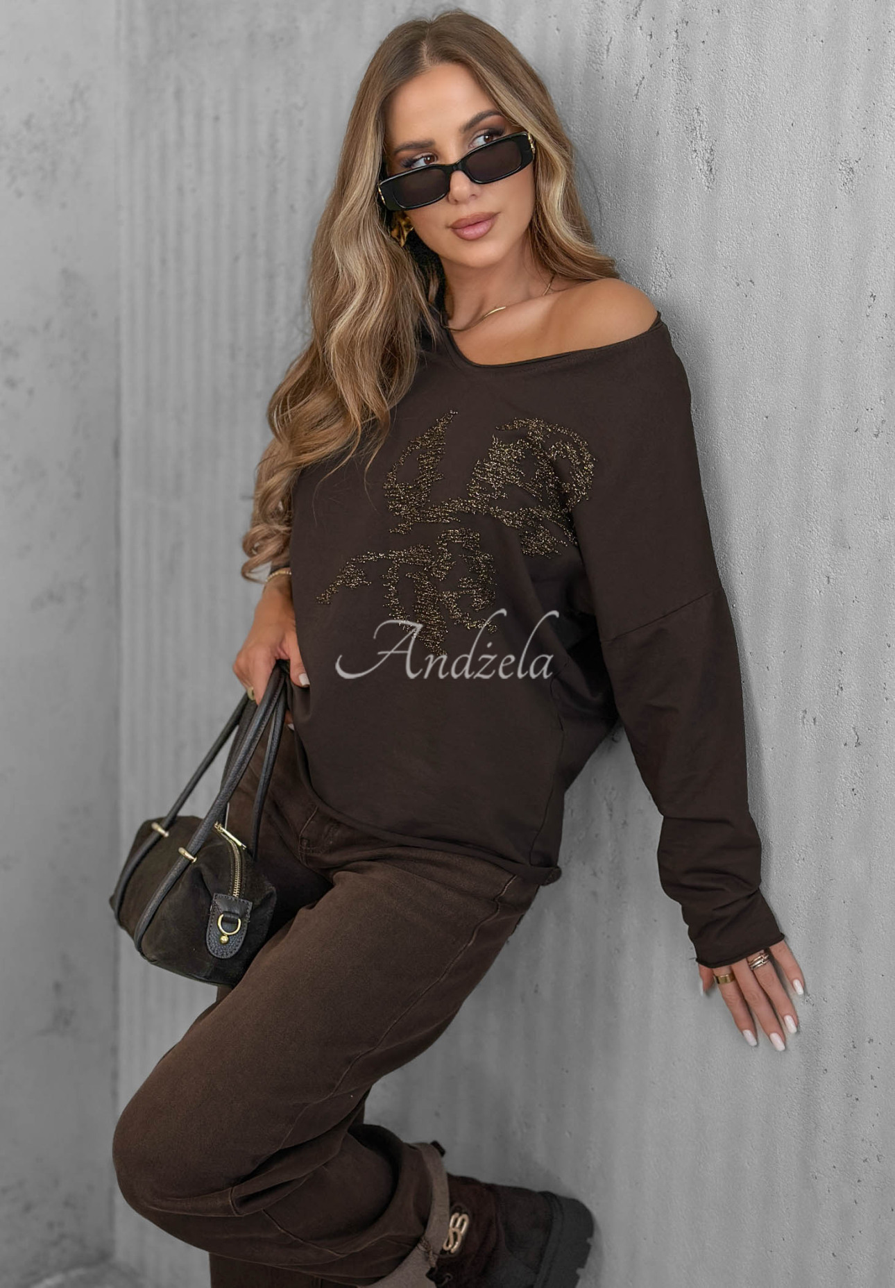 Bawełniana bluzka longsleeve z aplikacją Golden Rossa czekoladowa