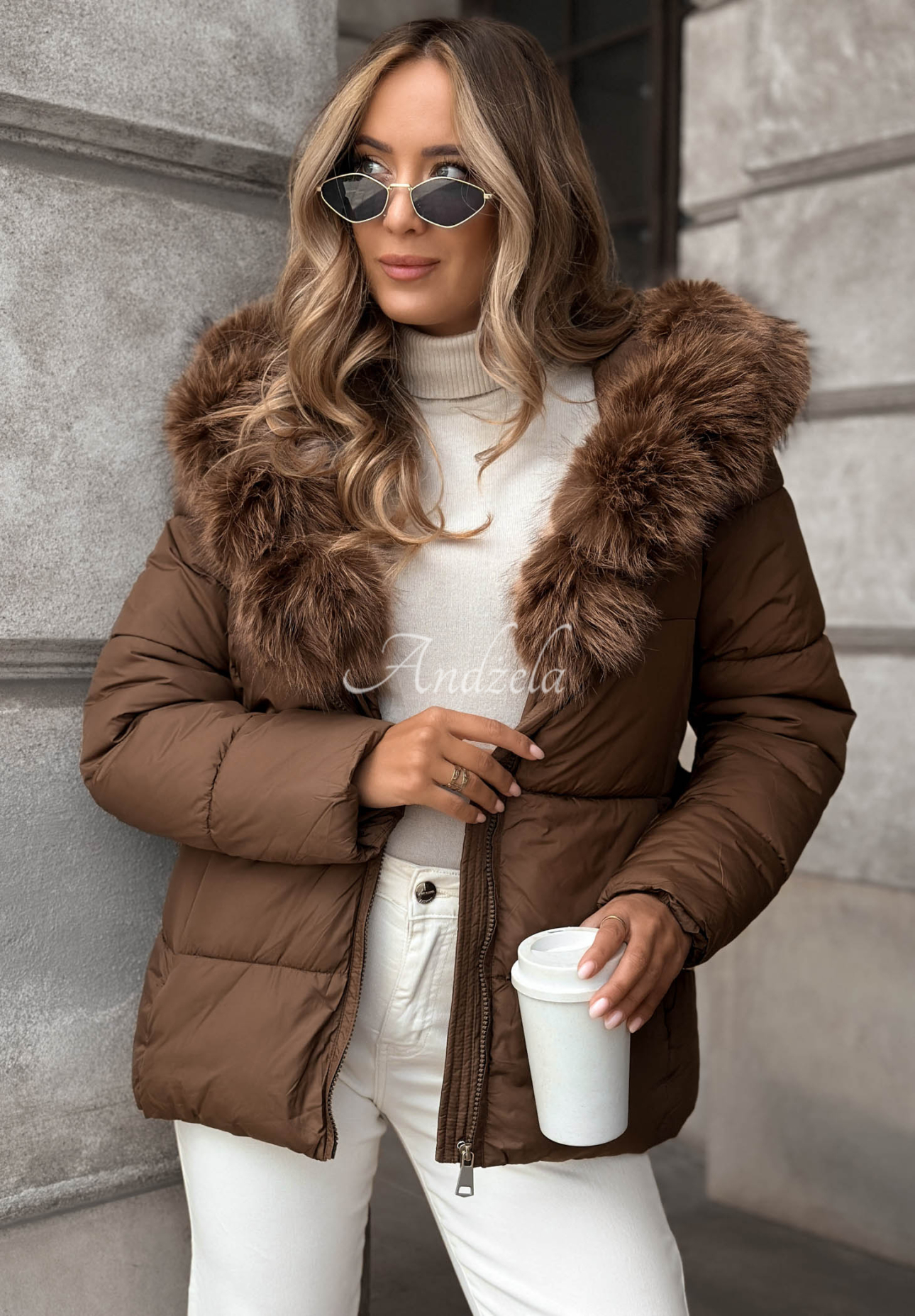 Frost Edge Short Quilted Jacket with Fur Trim in Chocolate