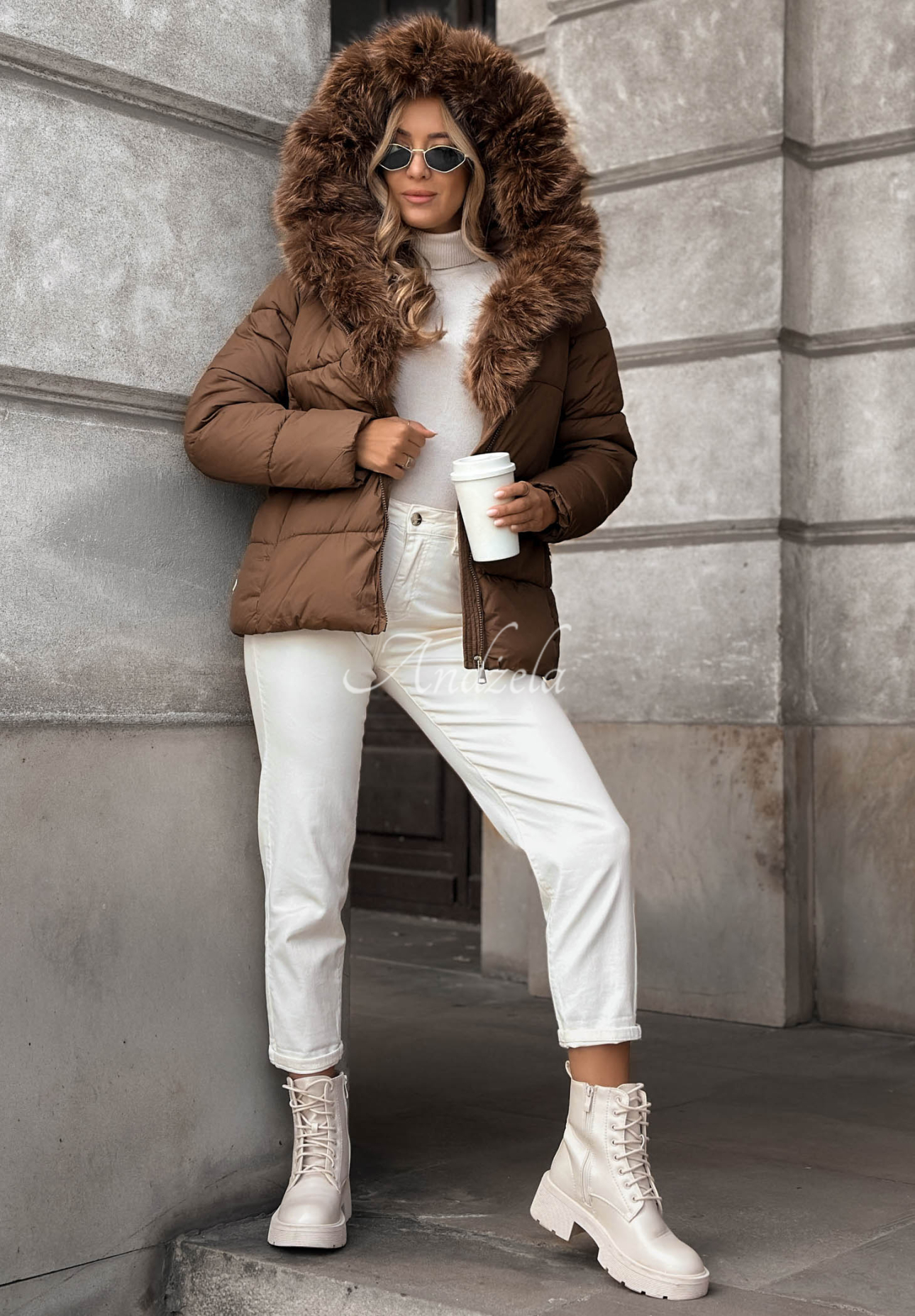 Frost Edge Short Quilted Jacket with Fur Trim in Chocolate