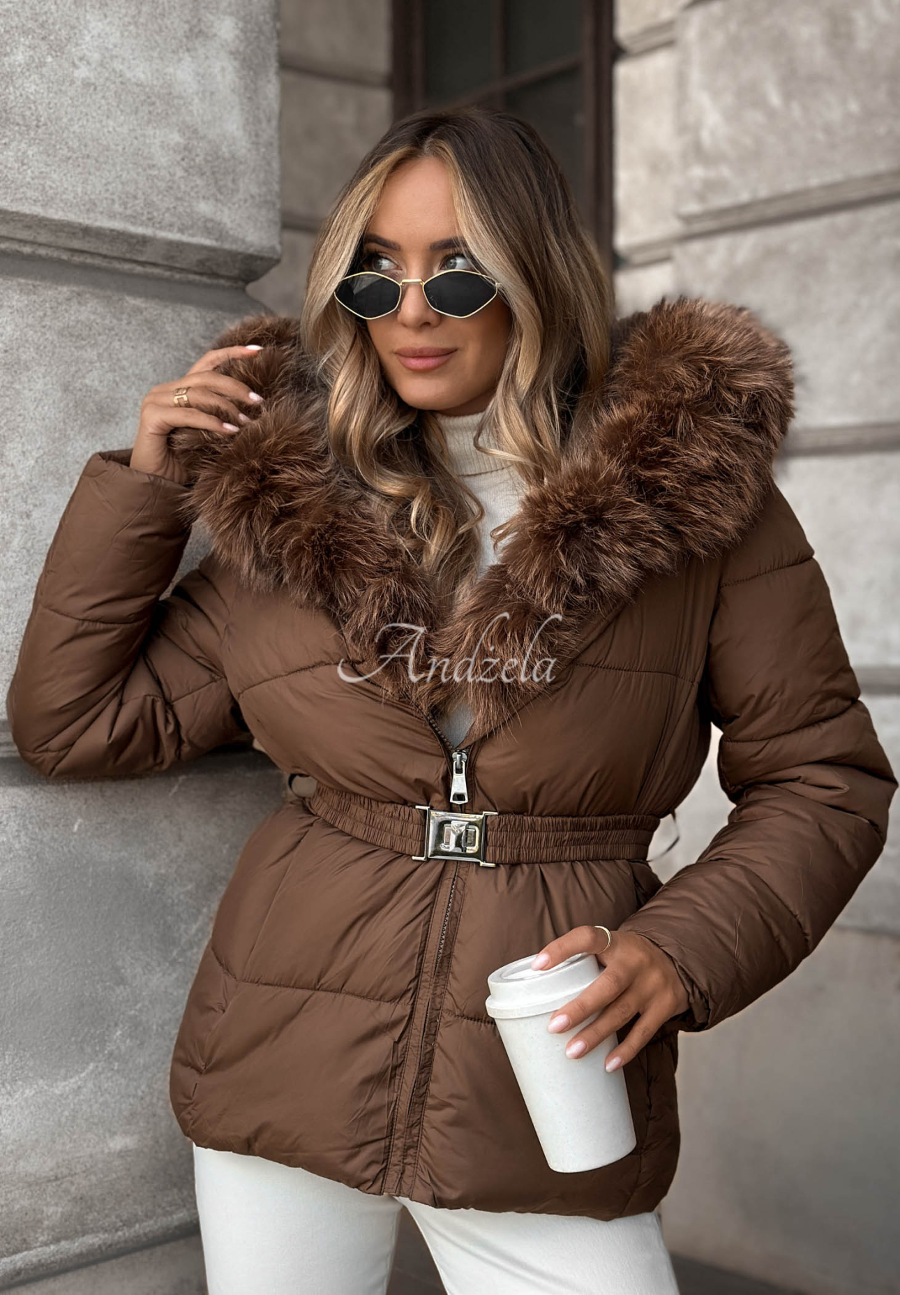 Frost Edge Short Quilted Jacket with Fur Trim in Chocolate