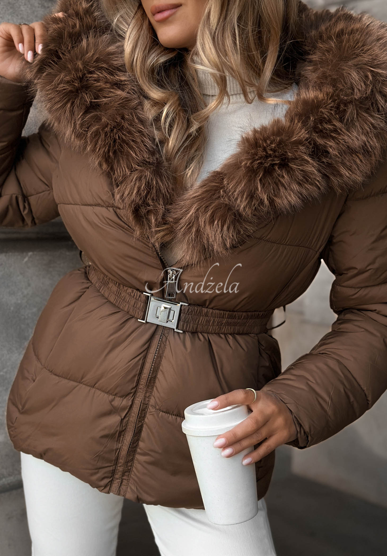 Frost Edge Short Quilted Jacket with Fur Trim in Chocolate