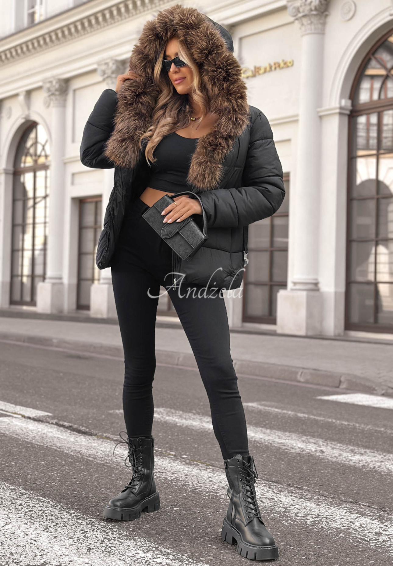 Frost Edge Short Quilted Jacket with Fur Trim, Black
