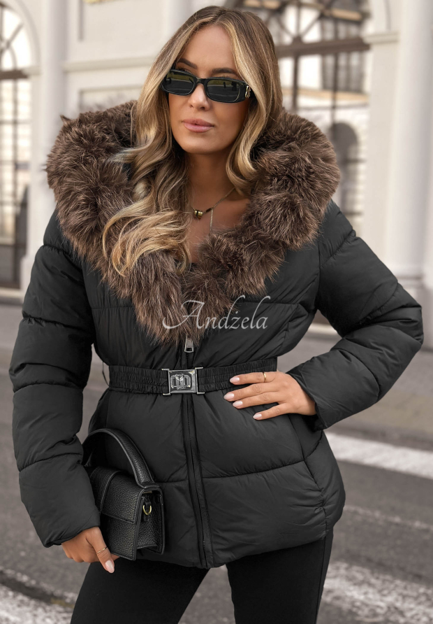 Frost Edge Short Quilted Jacket with Fur Trim, Black