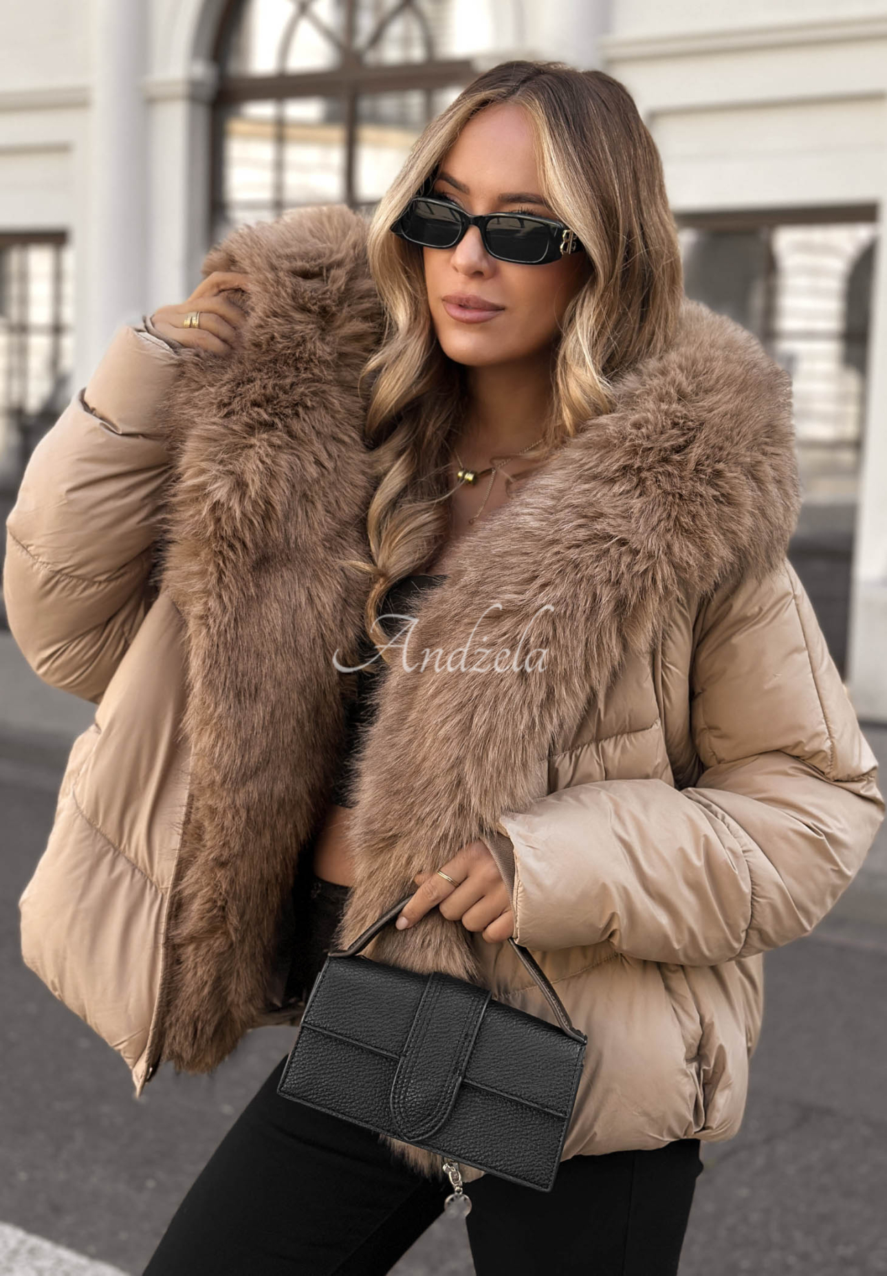 Cloudy Morning Beige Quilted Jacket with Fur Trim