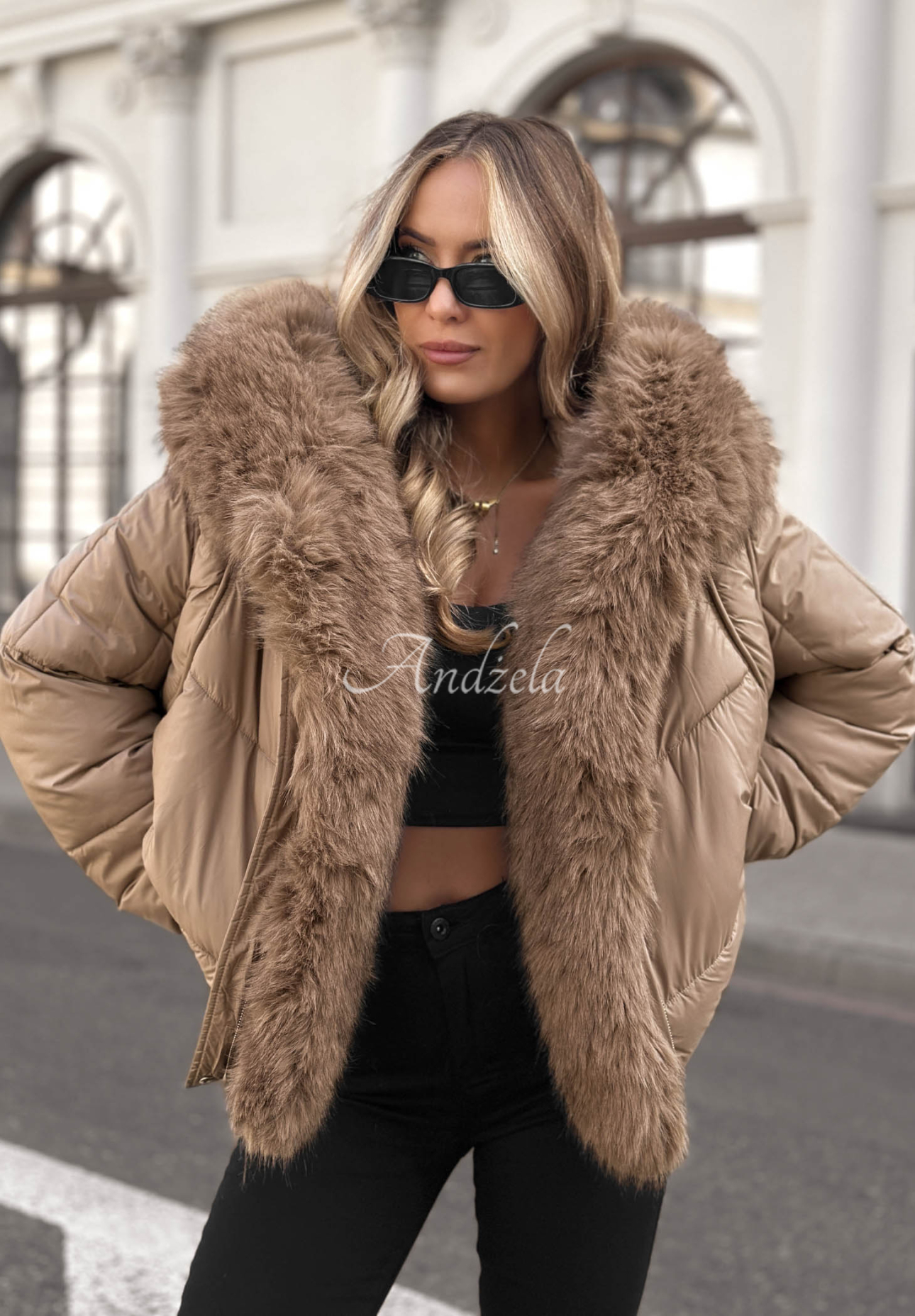 Cloudy Morning Beige Quilted Jacket with Fur Trim