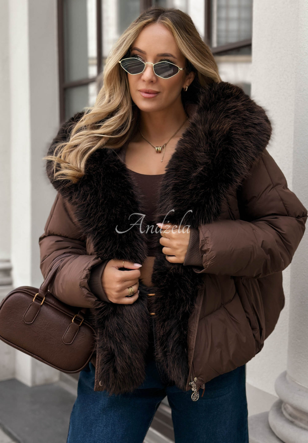 Cloudy Morning Quilted Jacket with Fur Trim, Chocolate Brown