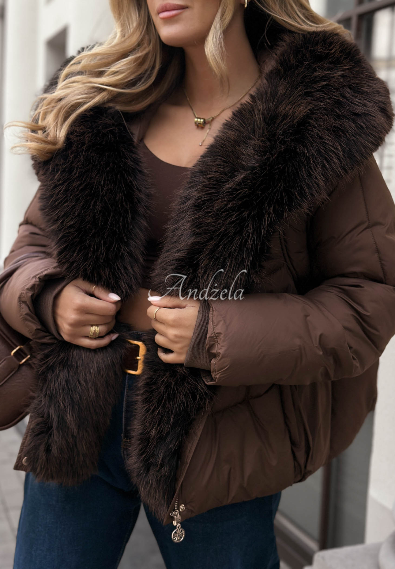 Cloudy Morning Quilted Jacket with Fur Trim, Chocolate Brown