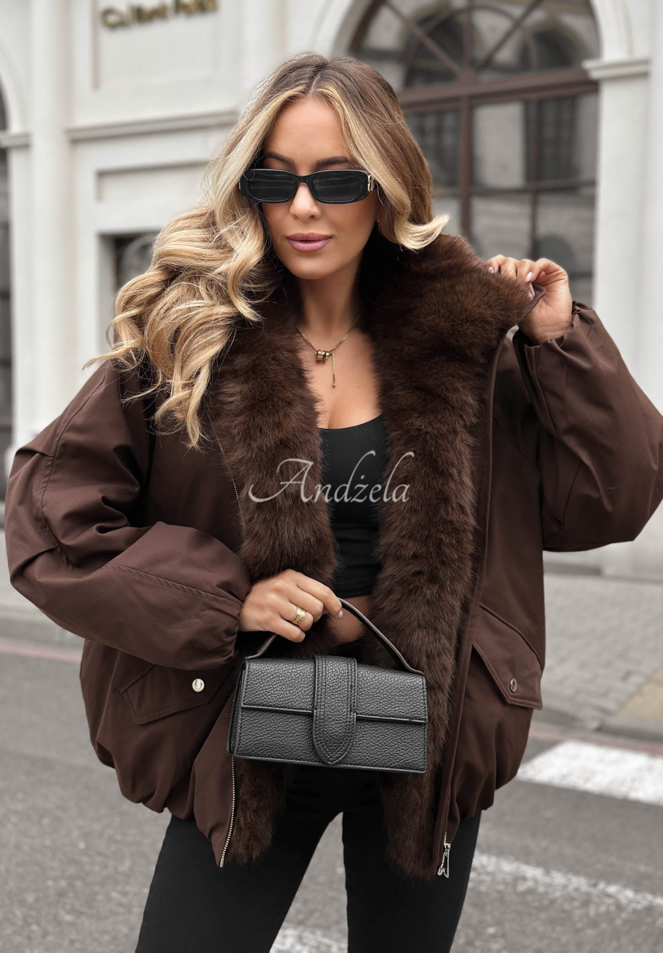 Snow Angel Oversized Jacket with Fur, Chocolate Brown