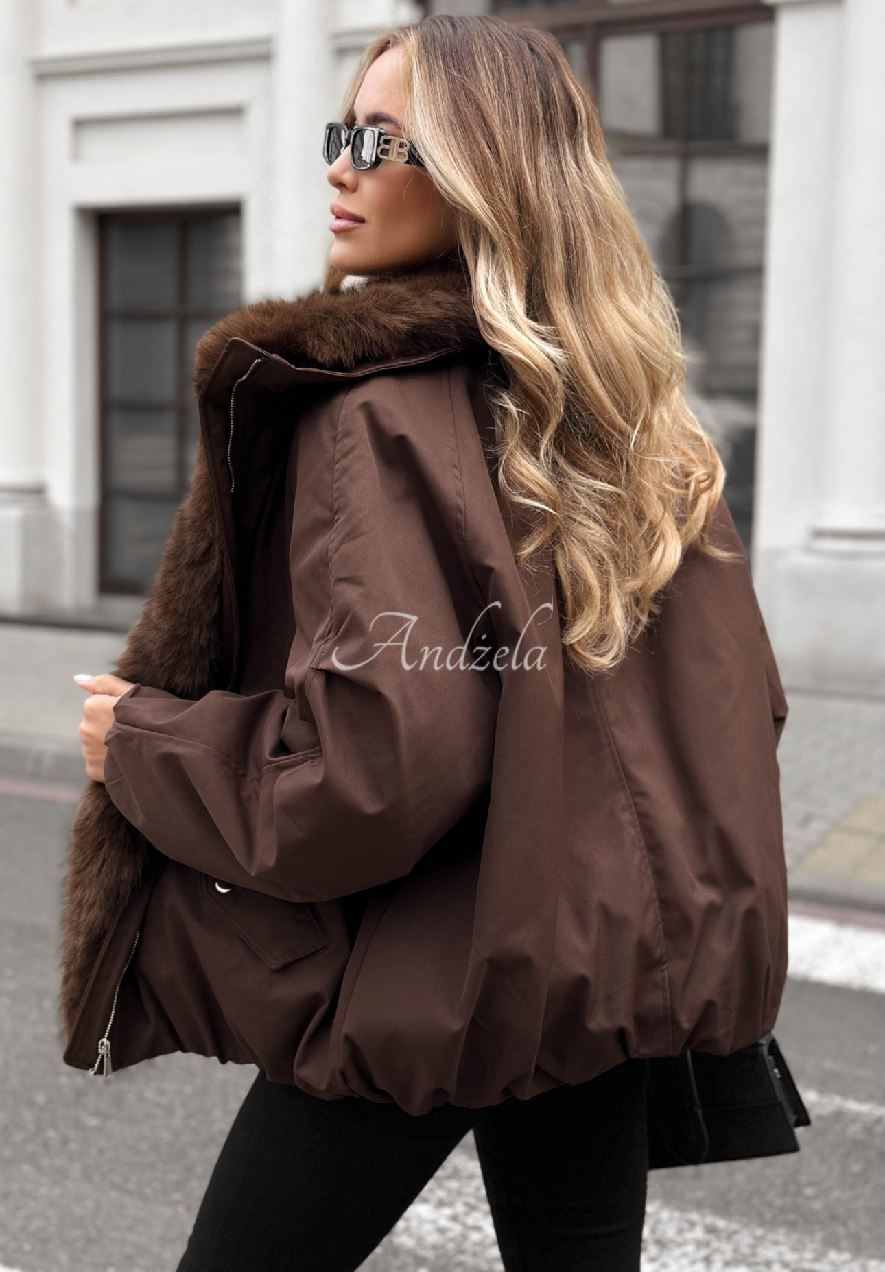 Snow Angel Oversized Jacket with Fur, Chocolate Brown