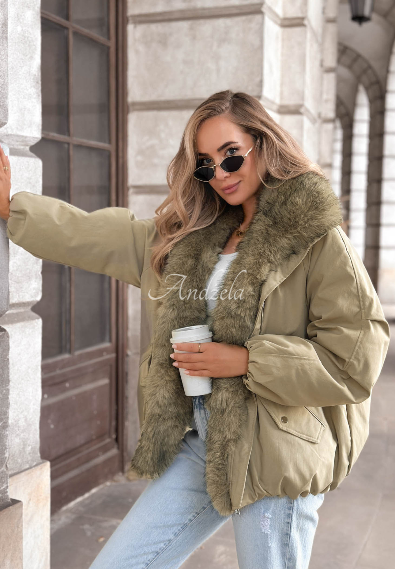 Snow Angel Khaki Oversized Jacket with Fur Trim