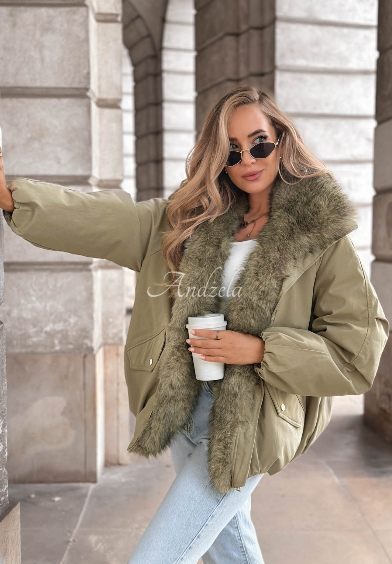Snow Angel Khaki Oversized Jacket with Fur Trim