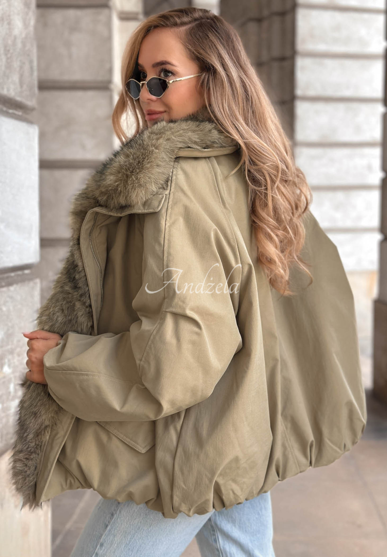Snow Angel Khaki Oversized Jacket with Fur Trim