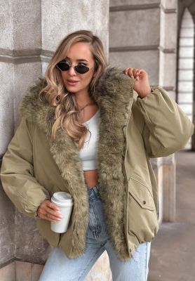 Snow Angel Khaki Oversized Jacket with Fur Trim