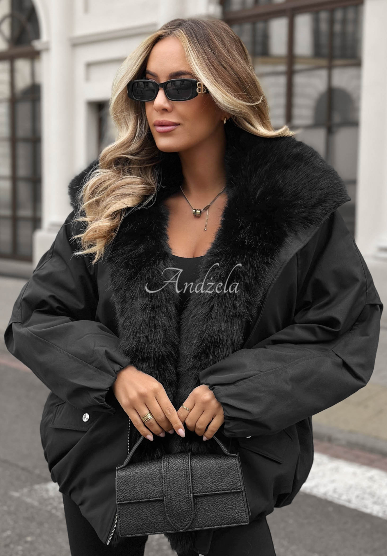 Snow Angel Black Oversized Jacket with Fur Trim