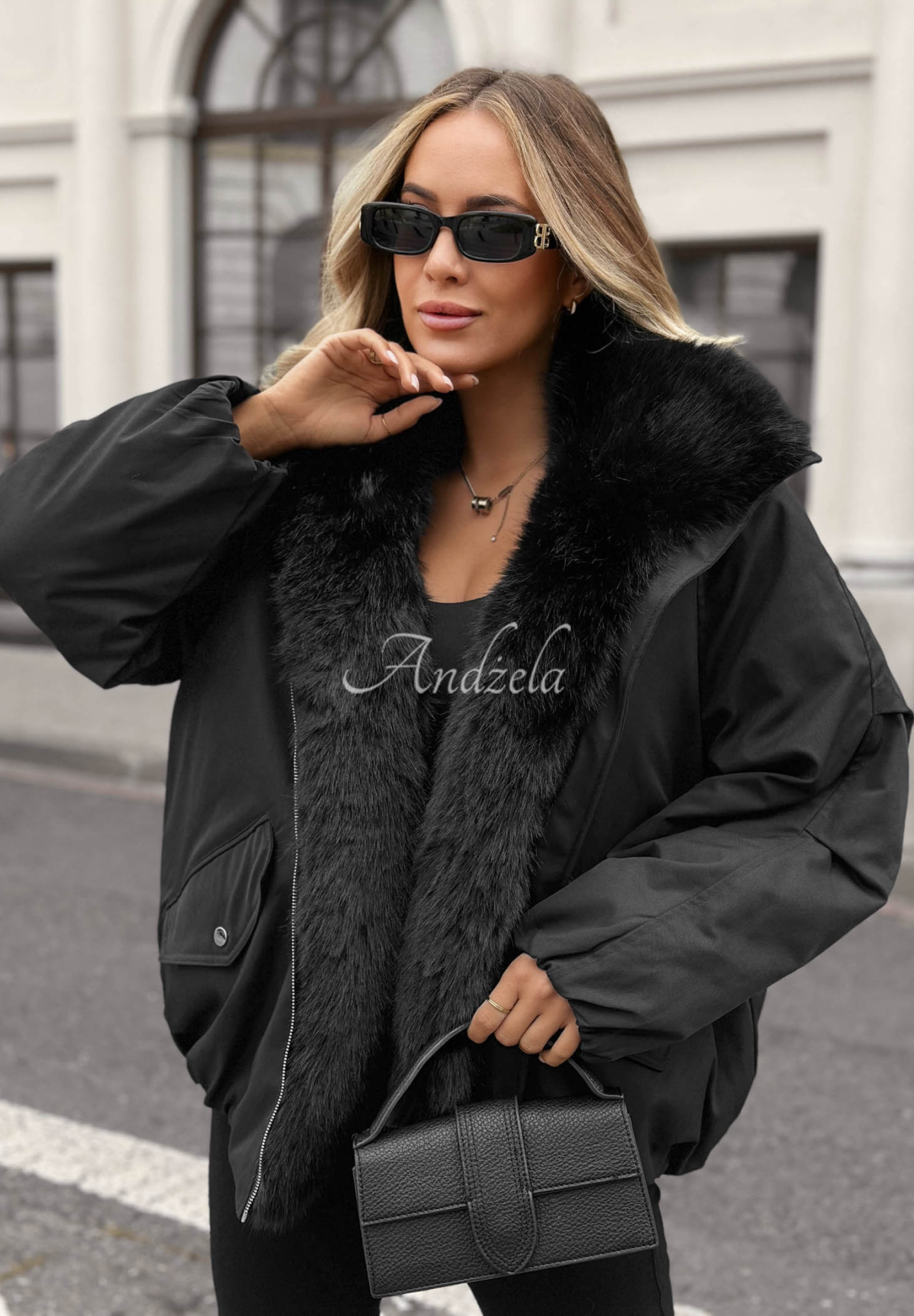 Snow Angel Black Oversized Jacket with Fur Trim