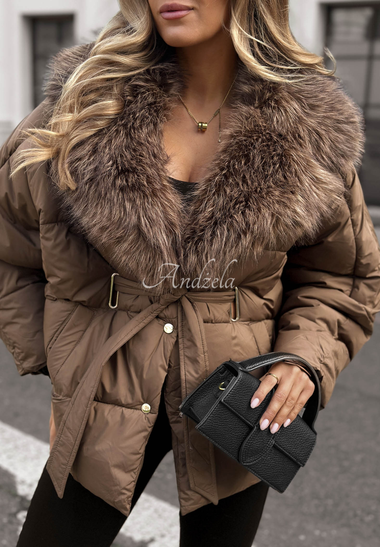 Cinnamon Touch Chocolate-Colored Quilted Jacket with Fur Trim and Belt