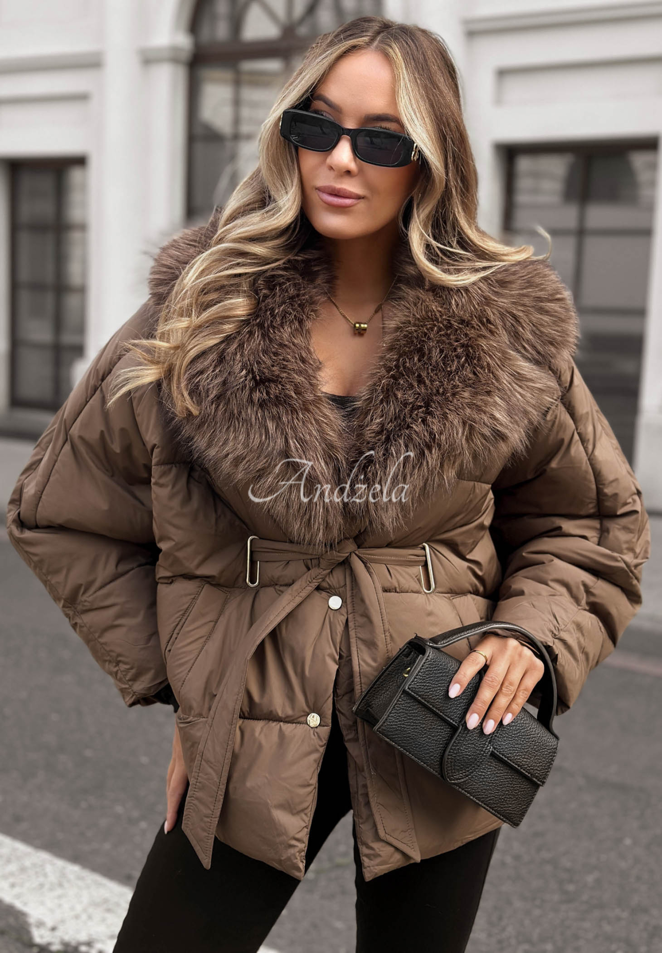 Cinnamon Touch Chocolate-Colored Quilted Jacket with Fur Trim and Belt
