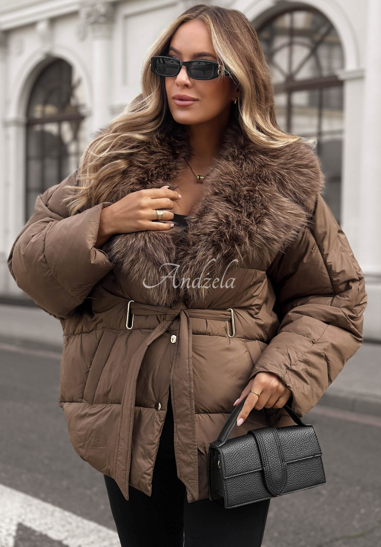 Cinnamon Touch Chocolate-Colored Quilted Jacket with Fur Trim and Belt
