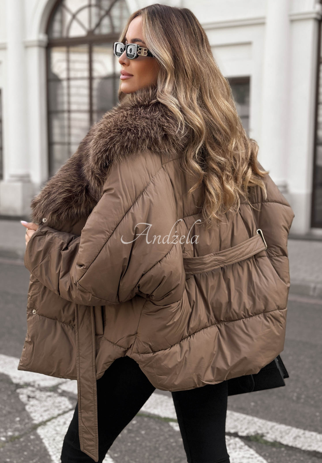 Cinnamon Touch Chocolate-Colored Quilted Jacket with Fur Trim and Belt