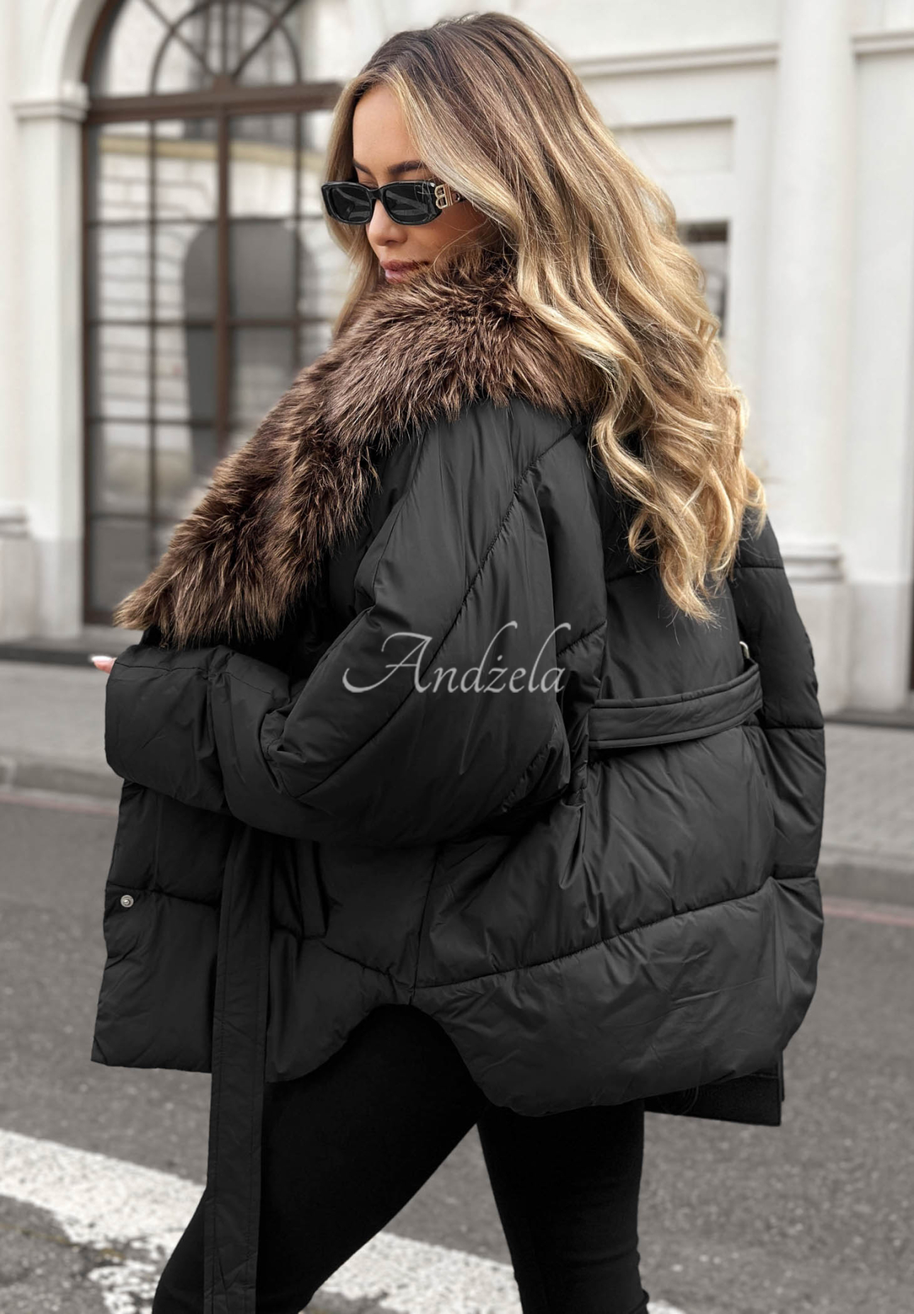 Cinnamon Touch Black Quilted Jacket with Fur Trim and Belt