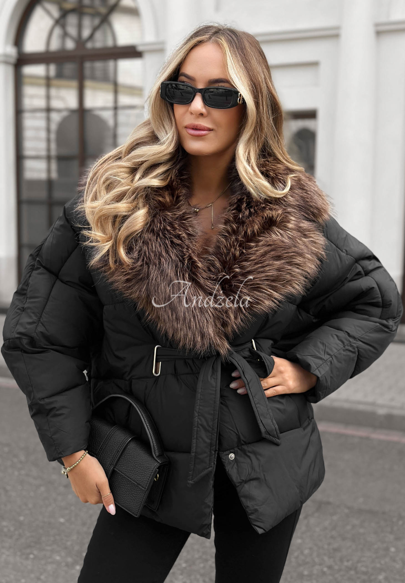 Cinnamon Touch Black Quilted Jacket with Fur Trim and Belt