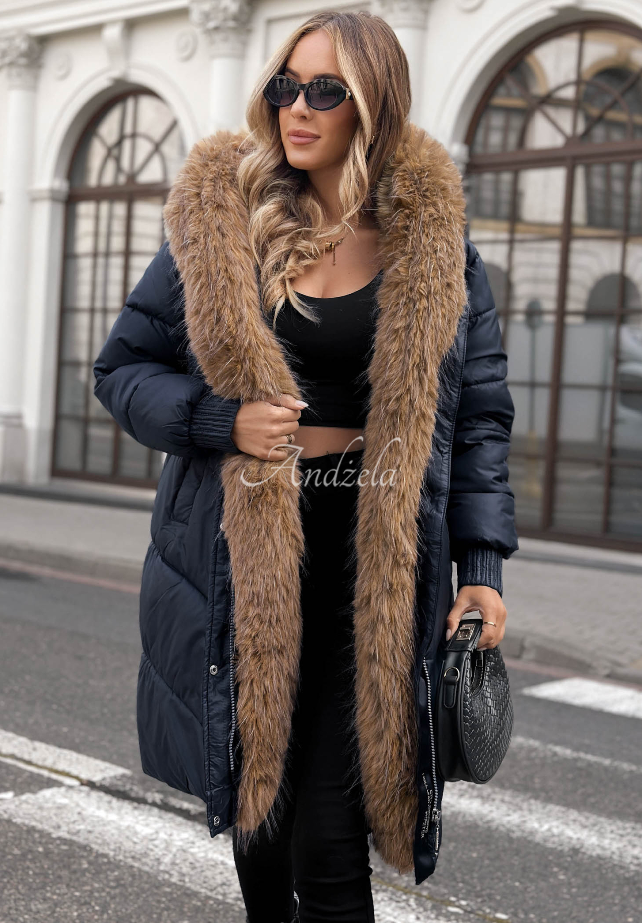 Dusty Morning Long Quilted Jacket with Fur Trim, Navy Blue