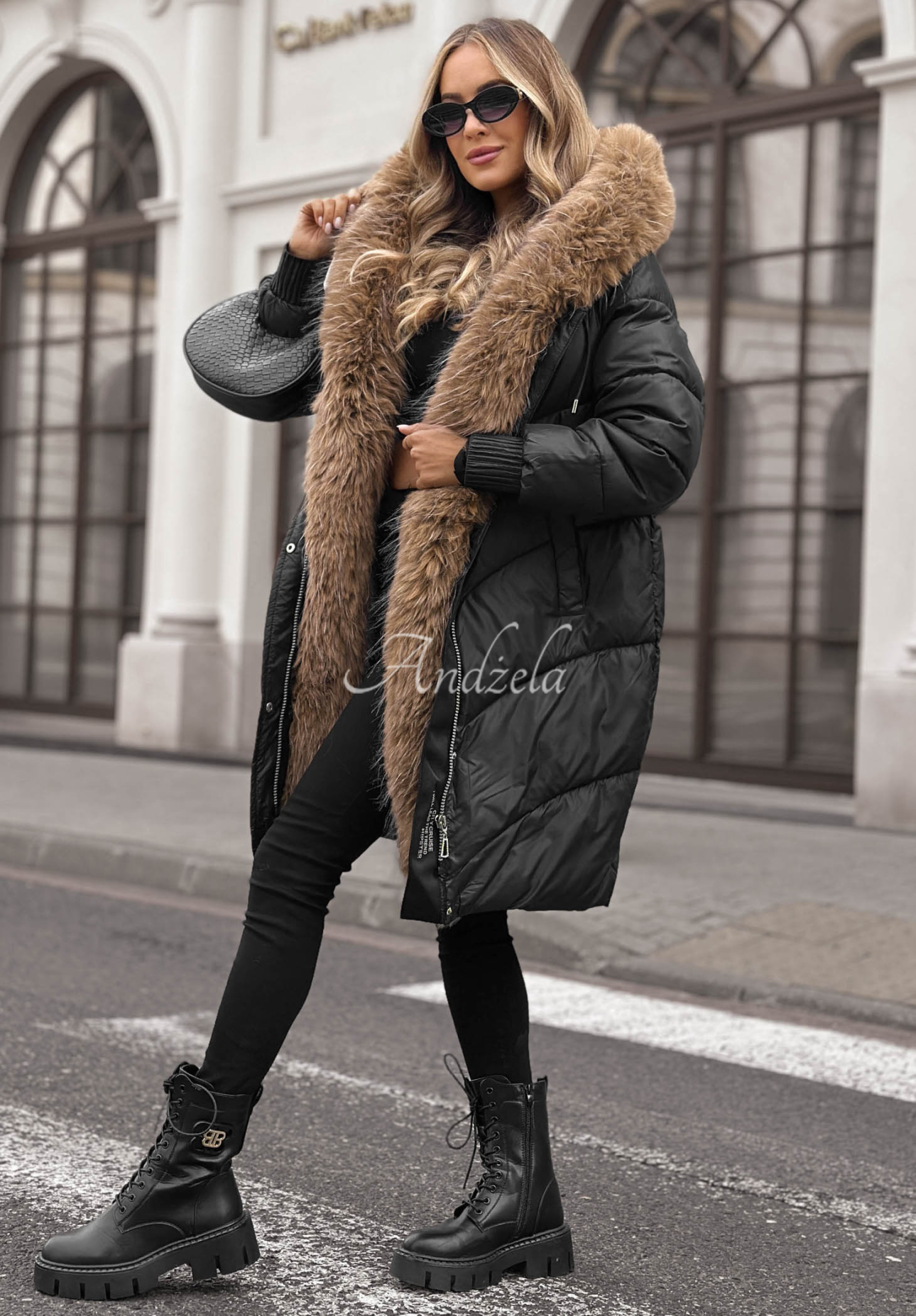 Dusty Morning Long Quilted Jacket with Fur Trim, Black
