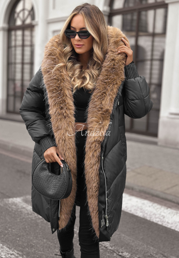 Dusty Morning Long Quilted Jacket with Fur Trim, Black