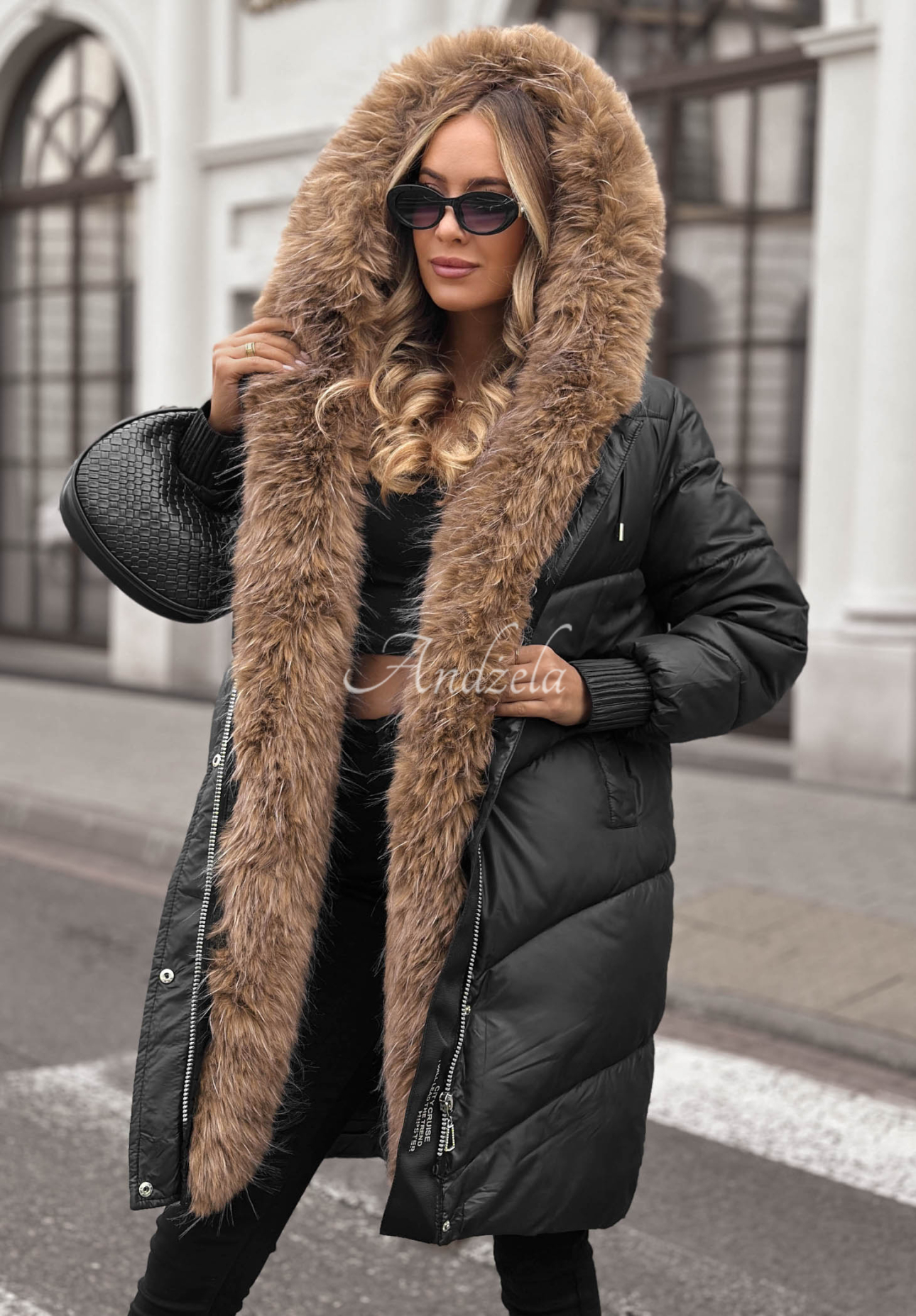 Dusty Morning Long Quilted Jacket with Fur Trim, Black