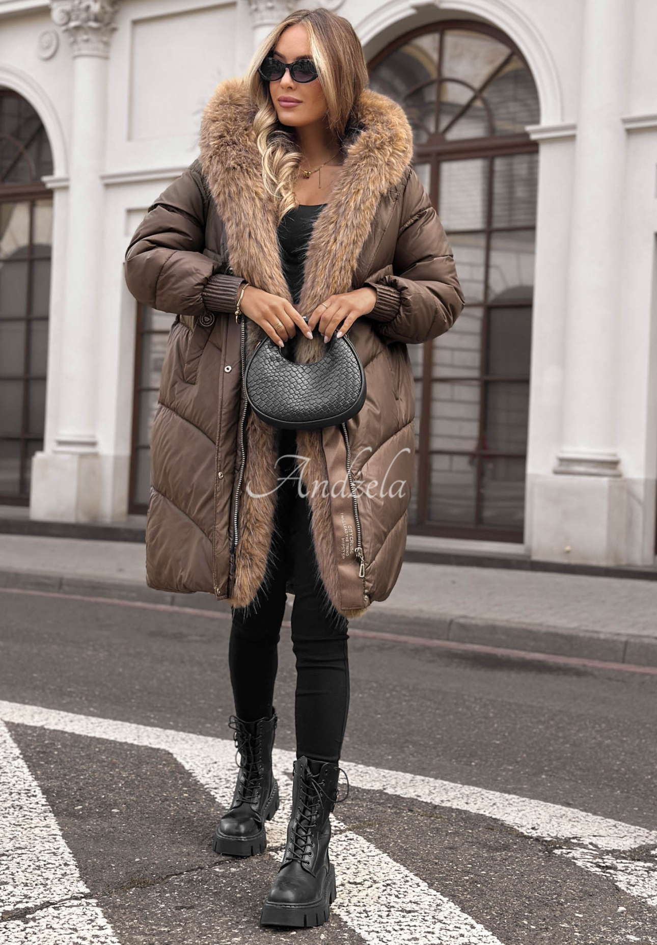Dusty Morning Long Quilted Jacket with Fur Trim, Chocolate Brown
