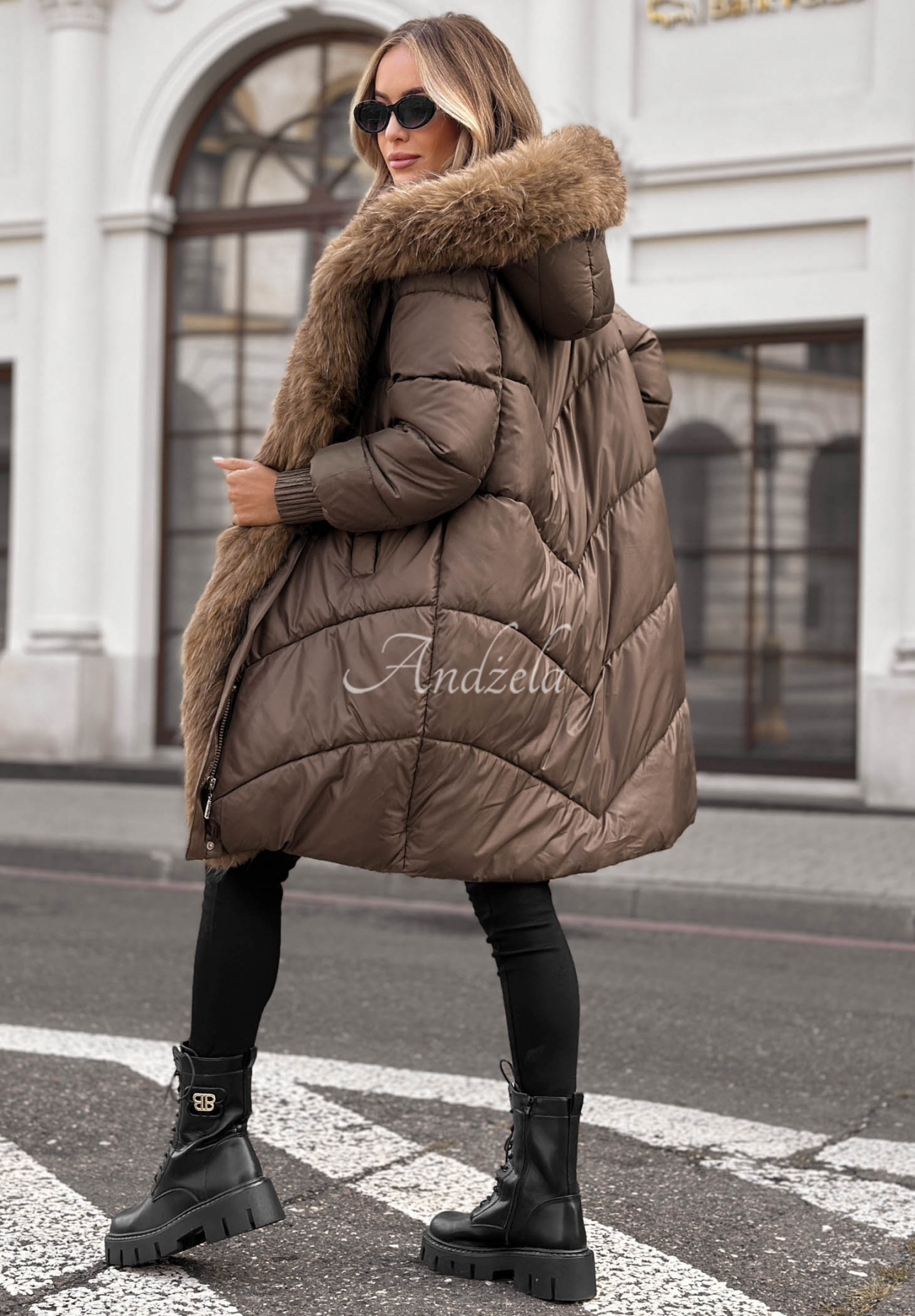 Dusty Morning Long Quilted Jacket with Fur Trim, Chocolate Brown