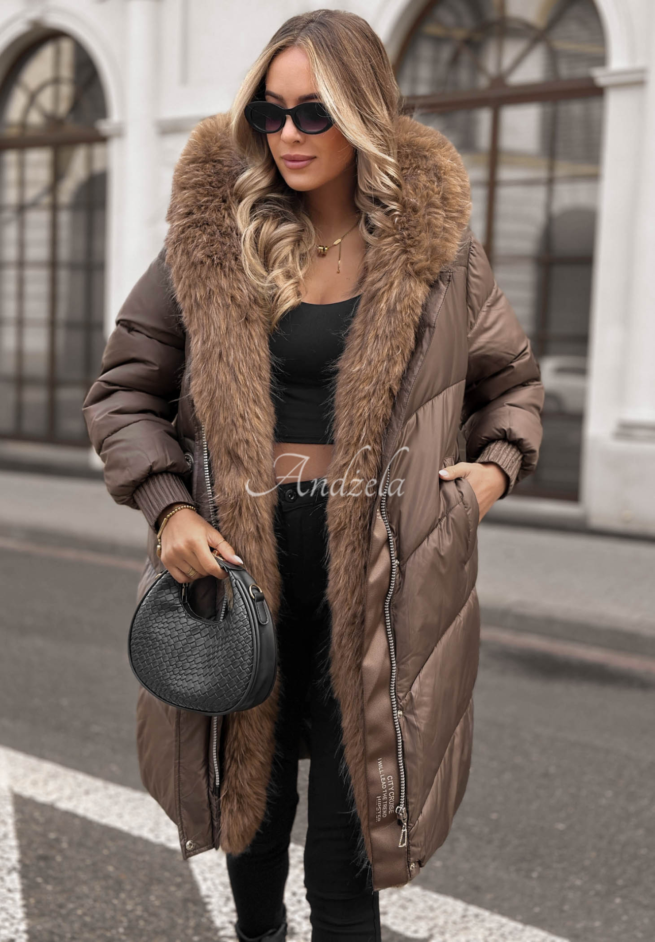Dusty Morning Long Quilted Jacket with Fur Trim, Chocolate Brown