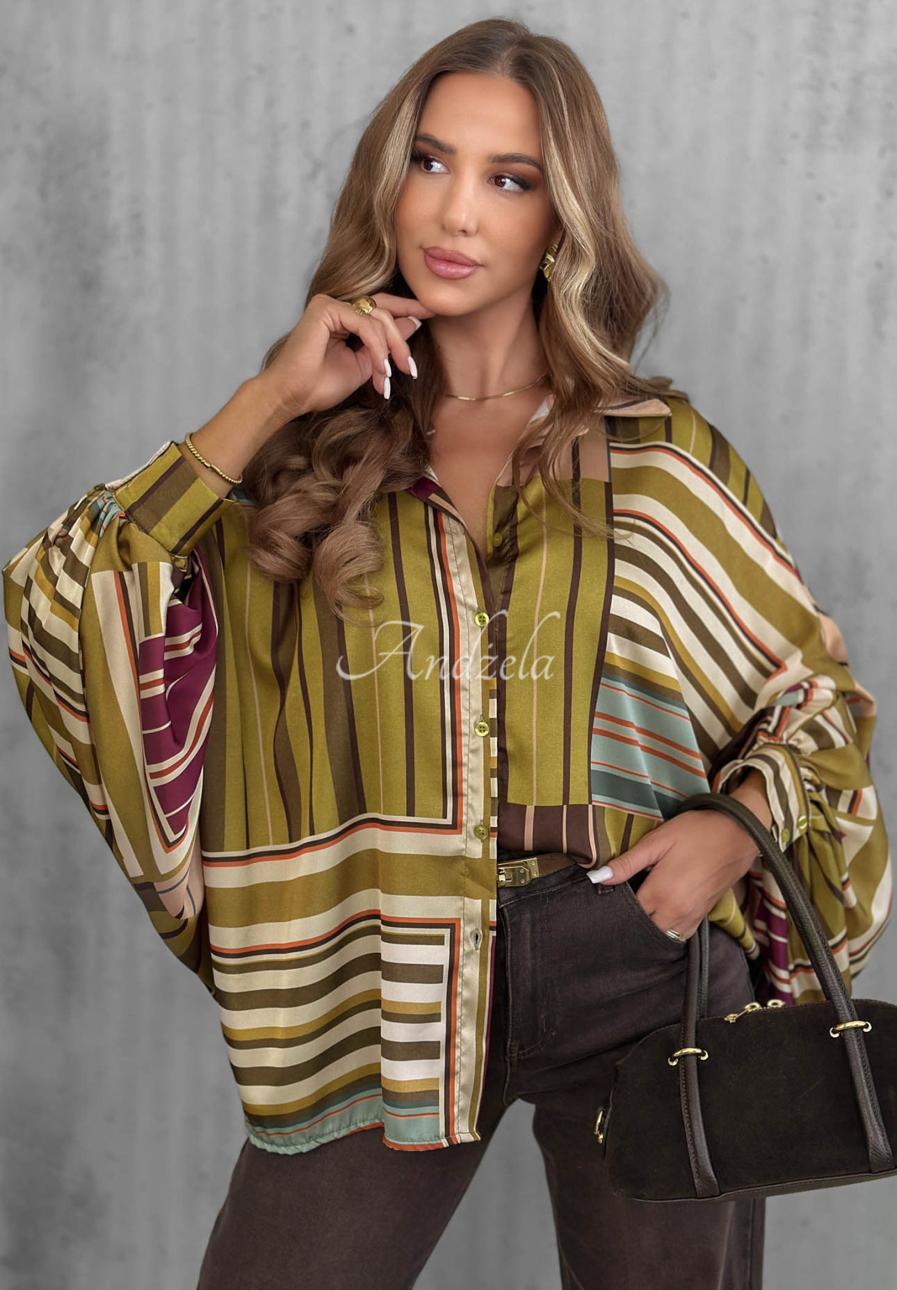 Soft Luxury Oversized Satin Striped Shirt in Olive