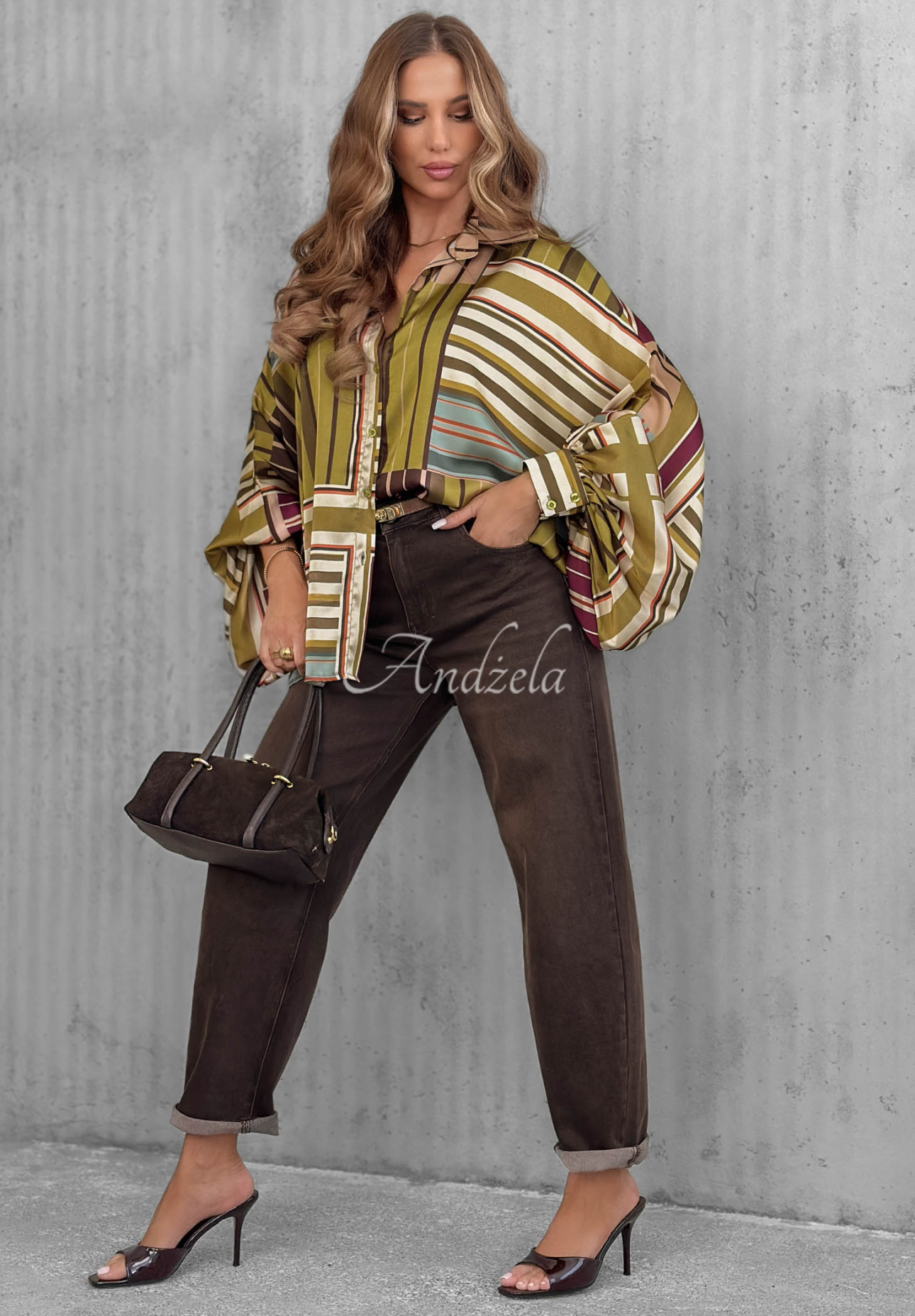 Soft Luxury Oversized Satin Striped Shirt in Olive